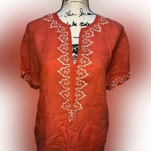 THML orange coral embroidered Linen dress (D2)